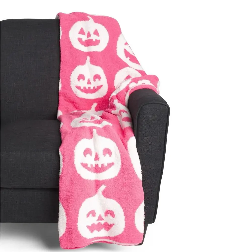 Novogratz Pink White Reversible Jack O Lantern Pumpkin Halloween Throw Blanket
